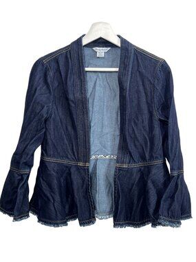 Tommy Bahama XS Denim Ruffle Open Front Jacket Casual Blue Jean Style